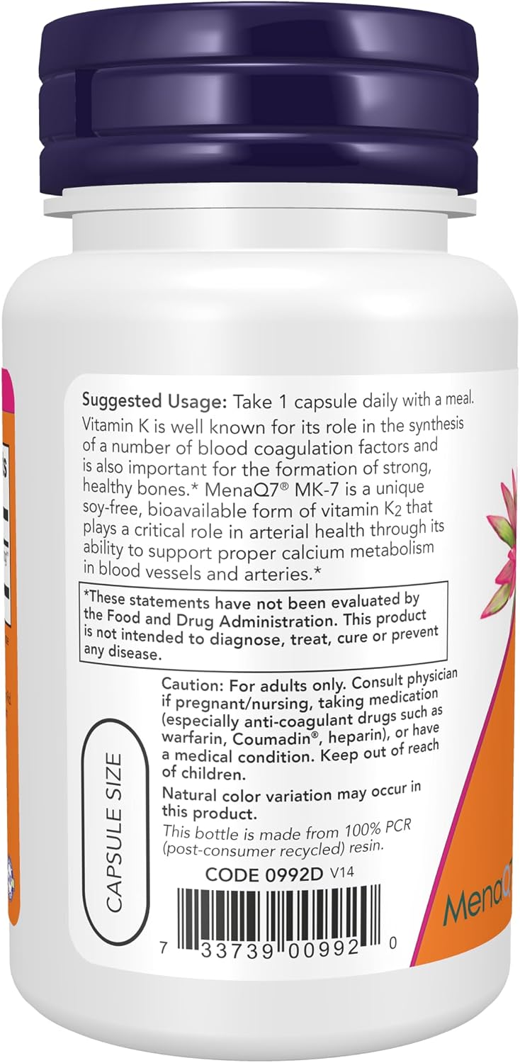 NOW Foods MK-7 Vitamin K-2 100 mcg, 60 Veg Capsules - görsel 3
