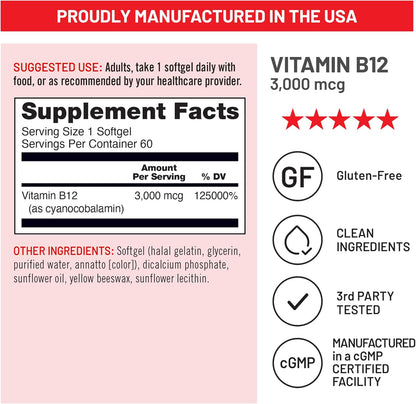 NatureWise Vitamin B12 3000 mcg - High Strength - Food Supplement for Energy, Mental Clarity and Nervous System Support - Easy-to-Swallow, Soya and Gluten-free, Non-GM - 60 Soft gel capsules