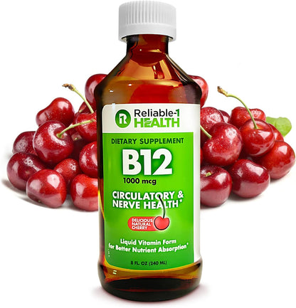 Reliable-1 Laboratories Liquid Vitamin B12 Daily Supplement 1000mcg for Adult Men & Women - Natural Cherry Flavour