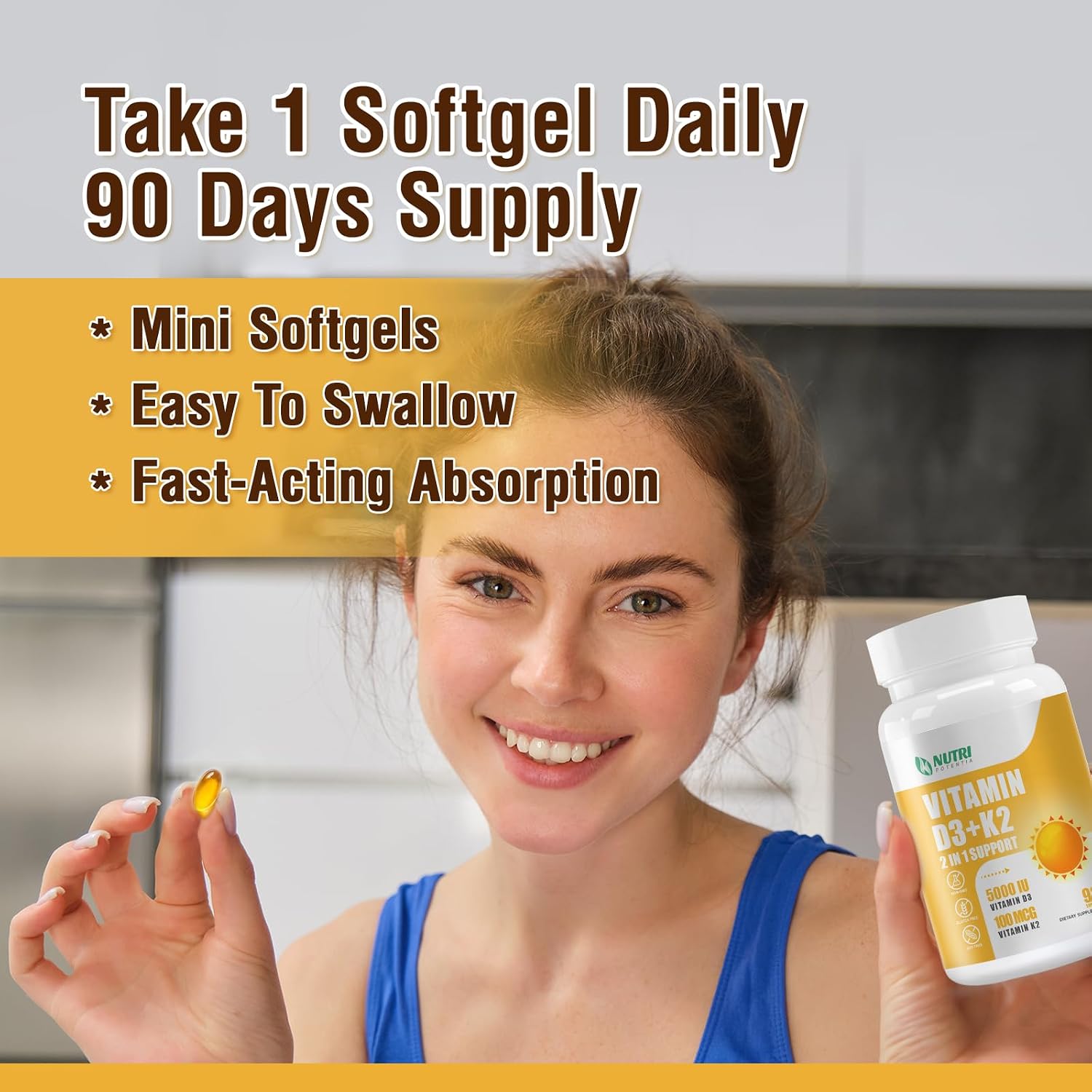 NUTRI POTENTIA Vitamin D3 K2 Supplement with MCT Oil - 5000 IU D3, 100 mcg K2 (MK-7) - Bone and Immune Health Support - 90 Soft gel capsules - görsel 6