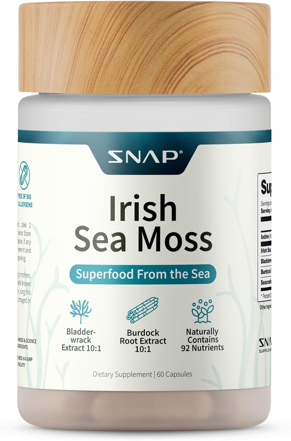 Snap Supplements Irish Sea Moss with Bladderwrack, Burdock Root & Iodine – Natural Sea Moss Supplement for Gut Health, Energy & Healthy-Looking Skin, 60 Vegan Capsules - görsel 1