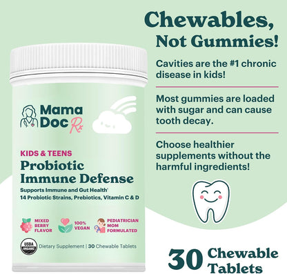 MamaDoc Rx Certified Organic Kids & Teens Probiotic Immune Defence – 5 Billion CFUs, Sugar Free, Vegan, Gluten-free, 14 Probiotic Strains with Prebiotics, Vitamin C & D, 30 Chewable Tablets for Ages 4+