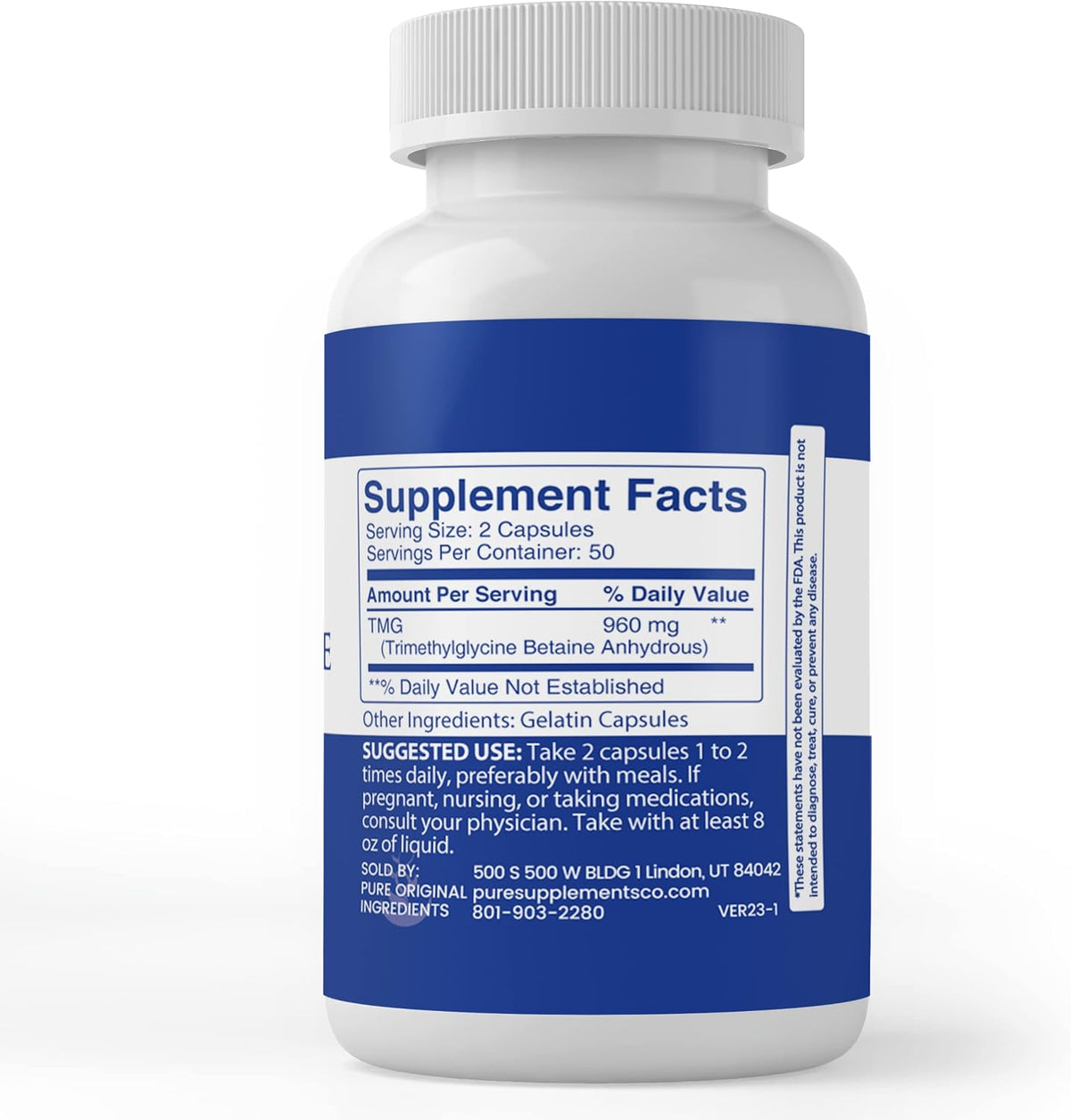 Pure Original Ingredients TMG (Trimethylglycine) Betaine Anhydrous – 100 Capsules - görsel 3