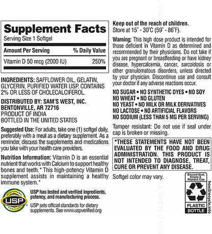 Members Mark Vitamin D3 2000 IU (50 mcg), 400 Soft gel capsules – Immune and Bone Health Support, Non-GMO, Gluten-free