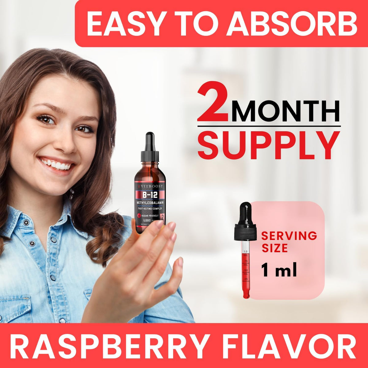 VITBOOST Vegan Liquid B-12 Drops – 5000 mcg Methylcobalamin, Raspberry Flavour, Sublingual, 60 Servings - görsel 5