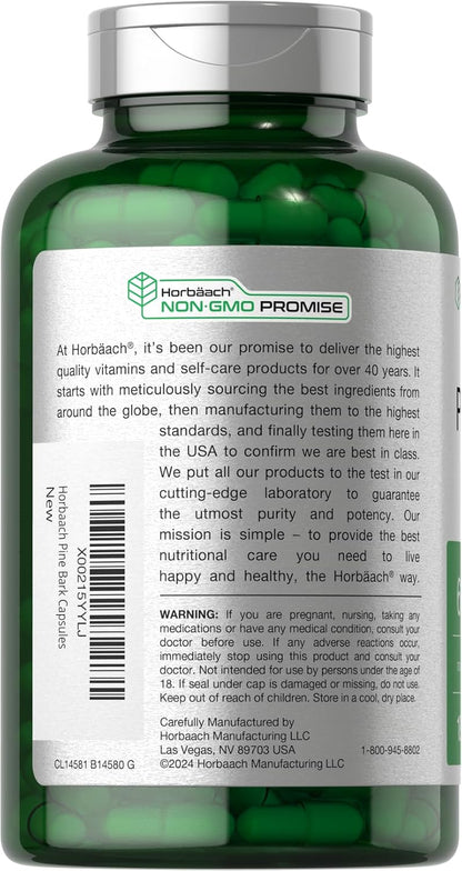 Horbäach Pine Bark Extract | 180 Capsules | Standardised to 75% Proanthocyanidins | Non-GMO, Gluten-free Supplement