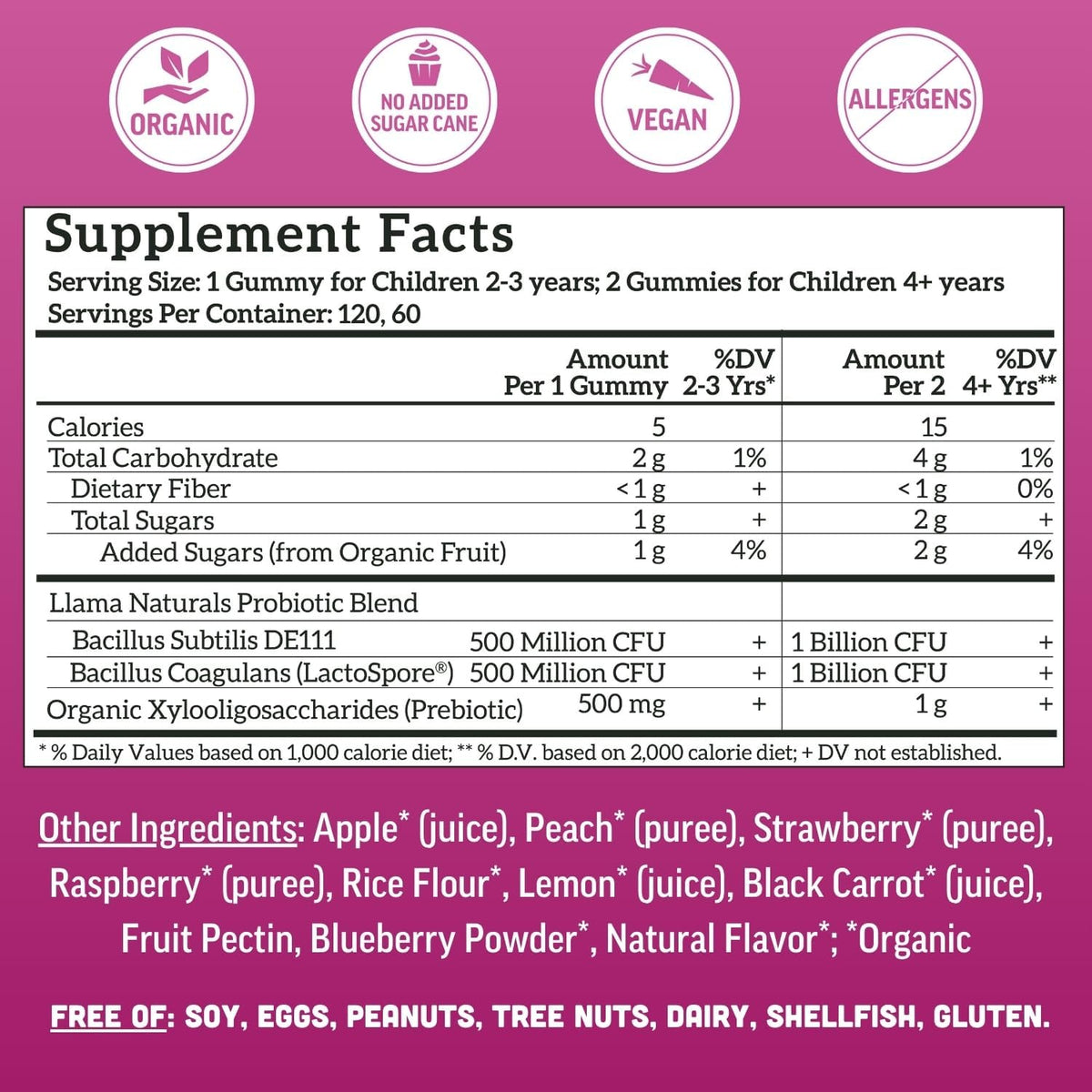 Llama Naturals Children's Probiotic with Prebiotic Fibre - Organic Real Fruit Gummies, Mixed Berry (120 Count) - görsel 4