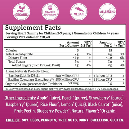 Llama Naturals Children's Probiotic with Prebiotic Fibre - Organic Real Fruit Gummies, Mixed Berry (120 Count)