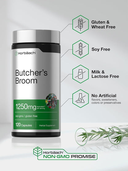 Horbaach Butchers Broom Capsules | 120 Capsules | Non-GMO, Gluten-free | Traditional Herb Root Extract Supplement