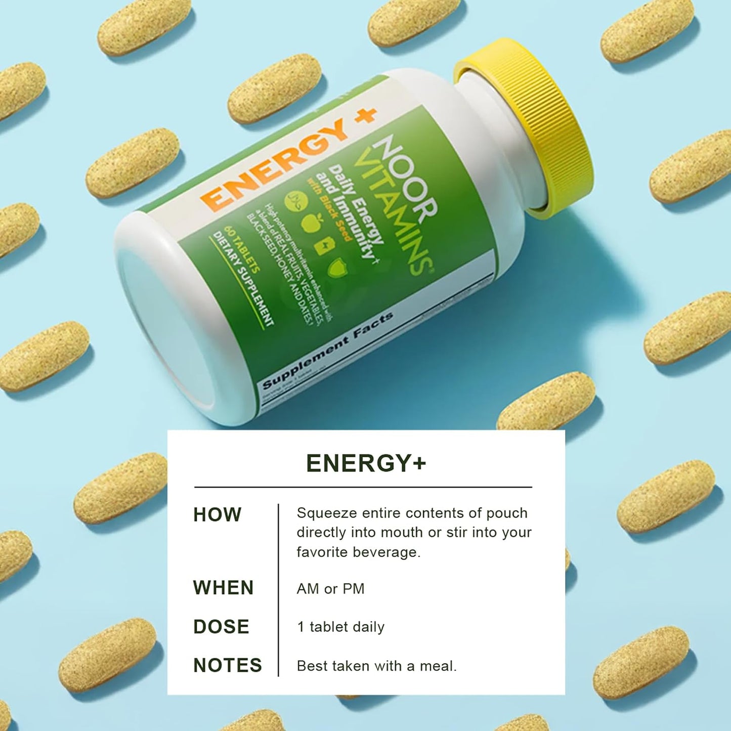 Noor Vitamins Energy+ Multivitamin; Halal Vitamin for Energy & Immunity, 26 Vitamins & Minerals, Black Seed, Dates, Honey, Gelatine Free, 2 Month Supply - görsel 8