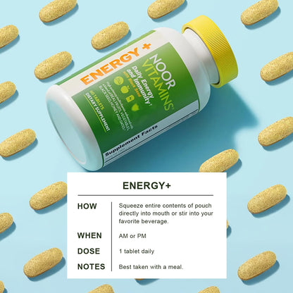 Noor Vitamins Energy+ Multivitamin; Halal Vitamin for Energy & Immunity, 26 Vitamins & Minerals, Black Seed, Dates, Honey, Gelatine Free, 2 Month Supply