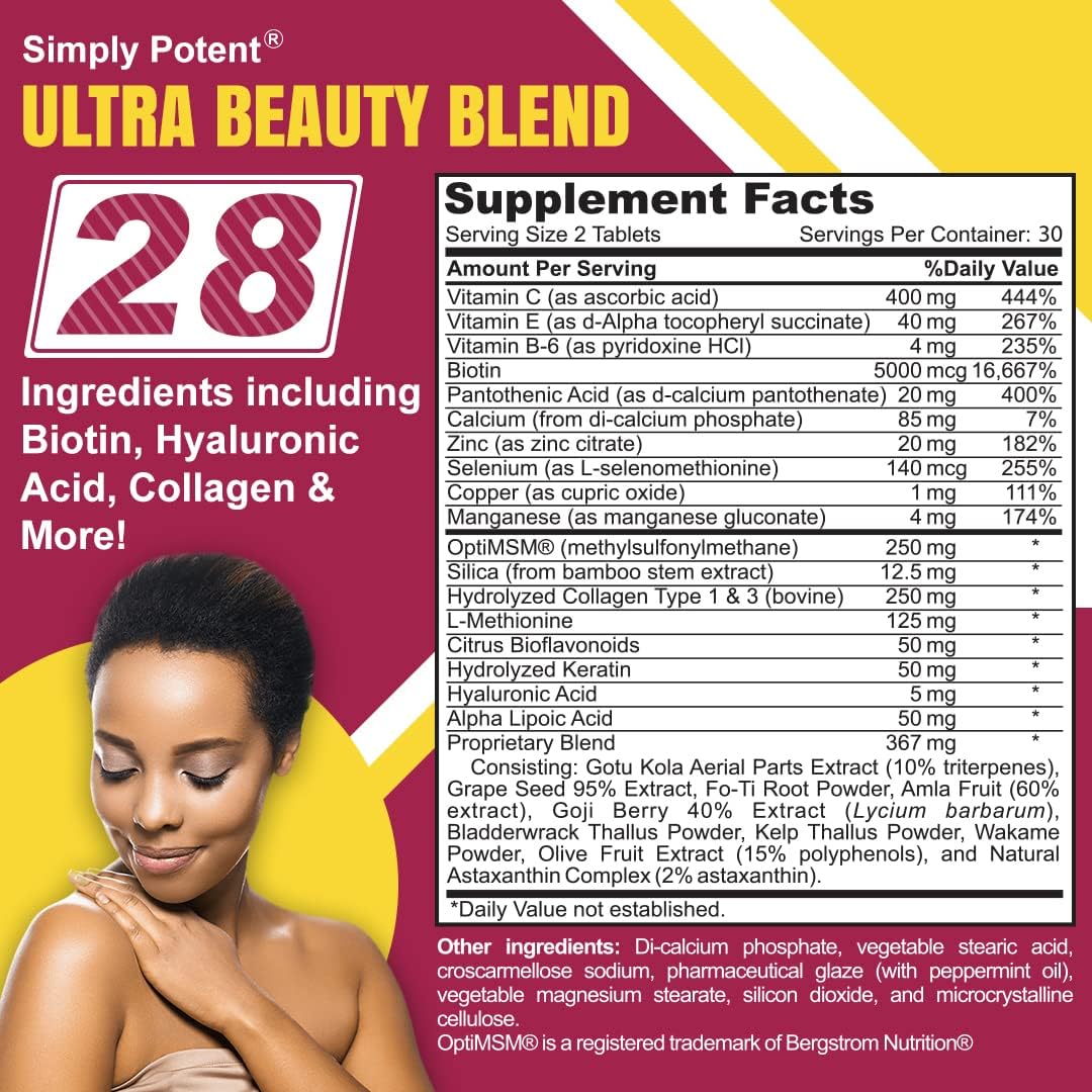 Simply Potent Hair Skin and Nails Vitamins - 28 Ingredient Anti-Ageing Supplement with Biotin 5000mcg, Keratin, MSM, Collagen, Hyaluronic Acid - 60 Tablets - görsel 2