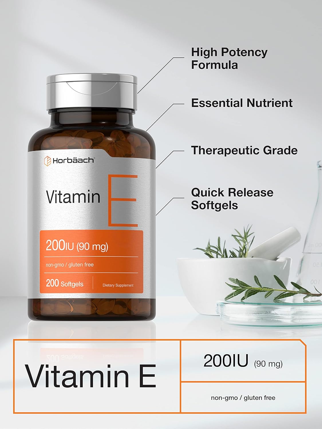 Horbäach Vitamin E Soft gel capsule Capsules 200 IU | 90 mg Supplement | 200 Count | Non-GMO and Gluten-free Formula - görsel 3