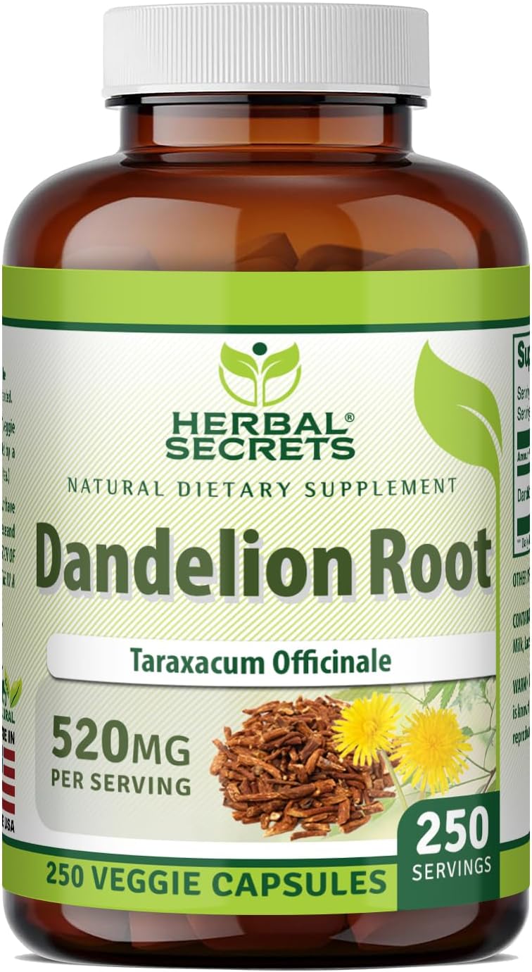 Herbal Secrets Dandelion Root 520 mg Veg Capsules Supplement | Non-GMO | Gluten-free | Made in the USA (250 Count) - görsel 1
