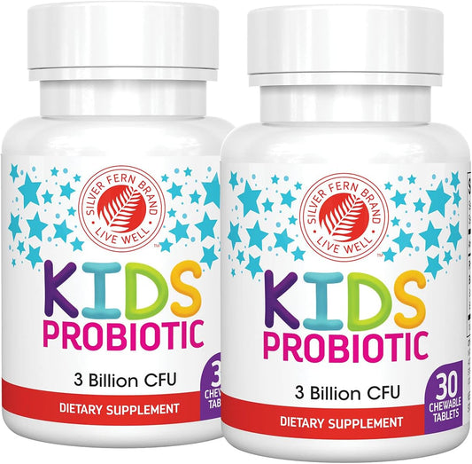 Silver Fern Brand Kids Ultimate Probiotic - 2 Bottles - 30 Chewable Tablets Each - Sugar & Gluten-free - Children's Food Supplement - DNA & Survivability Verified - Digestive & Immune Support