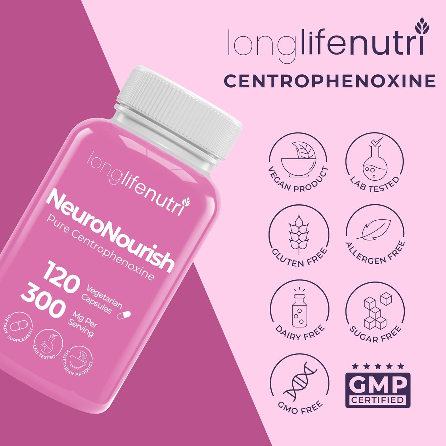 LongLifeNutri NeuroNourish Centrophenoxine 300mg, 120 Vegetarian Capsules - görsel 7