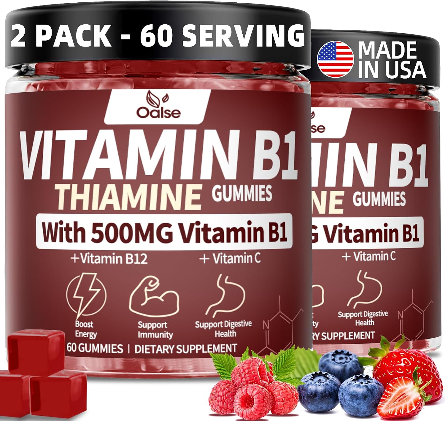 OALSE Thiamine Vitamin B1 Gummies - 500mg Vegan Sugar Free Supplement with Natural Mixed Berries Flavour (60 Counts) - görsel 10