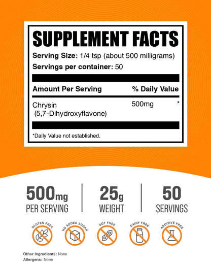 BulkSupplements Chrysin Powder - 5,7-Dihydroxyflavone, Flavonoid Supplement, 500mg per Serving, 25g