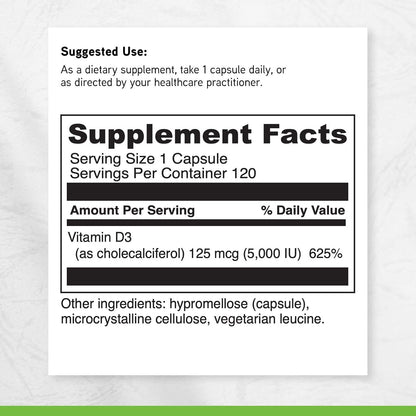 DAVINCI Labs Vitamin D3 5000 IU - Food Supplement for Bone, Immune, and Muscle Health - 120 Capsules
