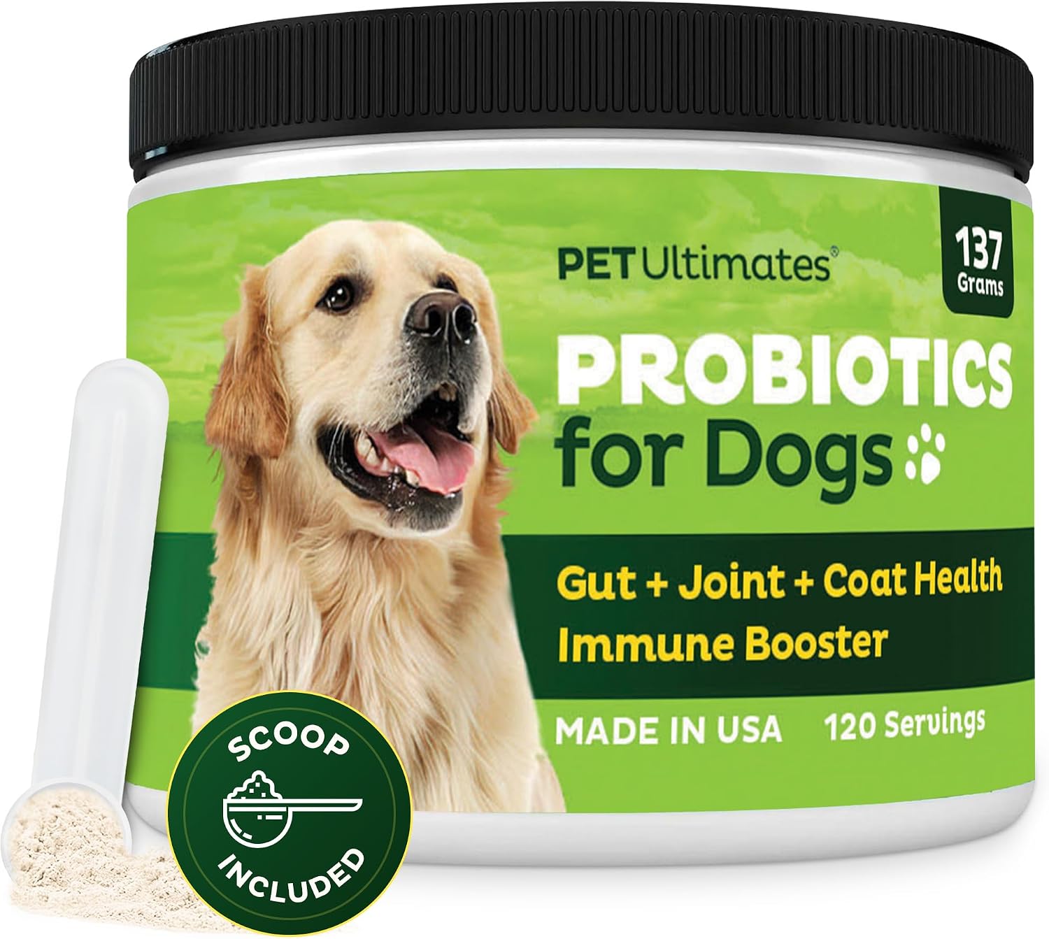 Pet Ultimates Pet Probiotics for Dogs (137g/120 Servings) – 22-Species Dog Probiotics Powder – Daily Skin and Coat Supplement for Dogs with Digestive Enzymes for Gut Health & Seasonal Comfort - görsel 1