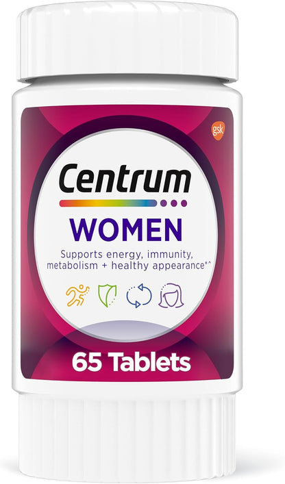 Centrum Multivitamin for Women, Multivitamin/Multimineral Supplement with Iron, Vitamin D3, B Vitamins and Antioxidant Vitamins C and E, Gluten-free, Non-GM Ingredients - 65 Tablets