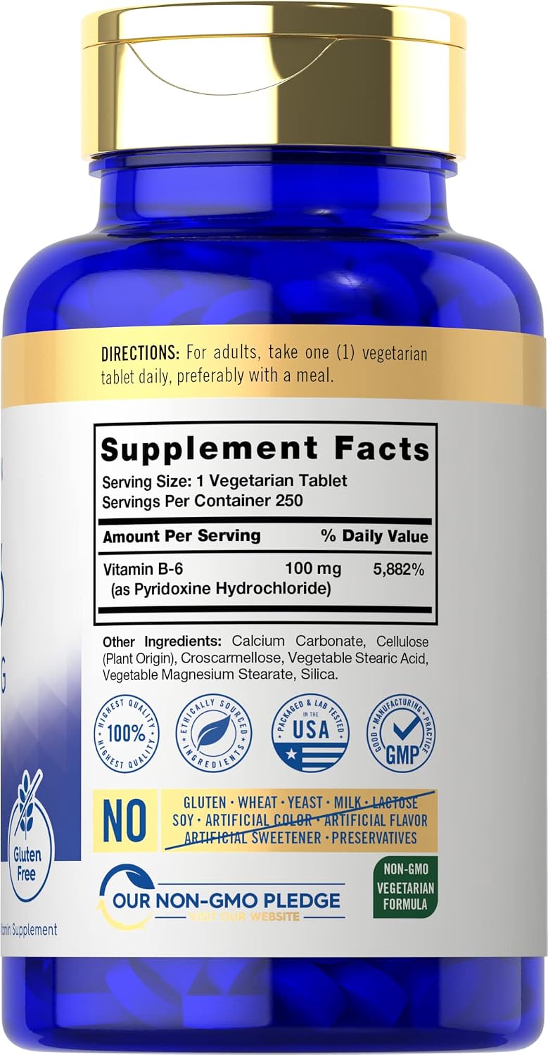 Carlyle Vitamin B6 100mg | 250 Tablets | Pyridoxine Hydrochloride Supplement | Vegetarian, Non-GMO, Gluten-free - görsel 2