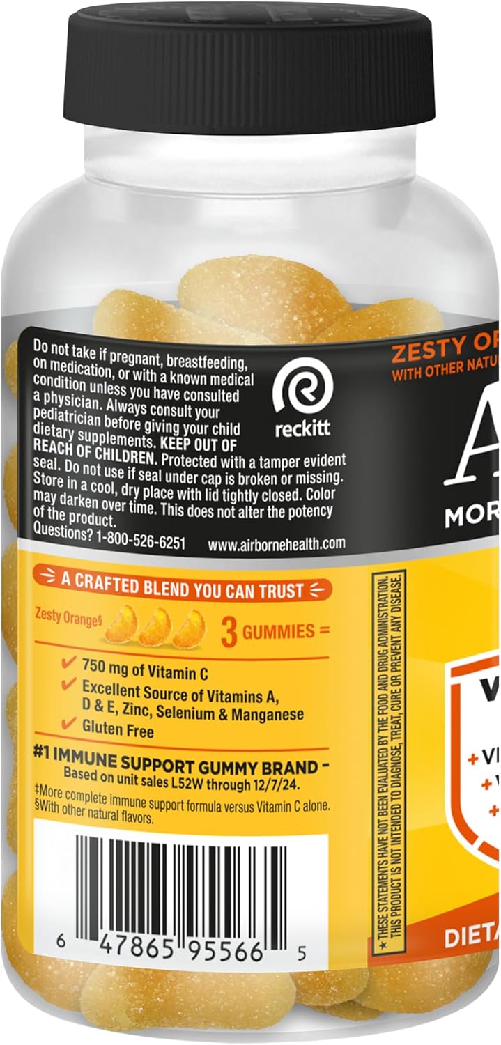 Airborne Immune Support Gummies, Zesty Orange Flavour, 42 ct - 750 mg Vitamin C + Vitamins A, D & E + Zinc, Selenium, and Manganese | with Herbal Blend | Naturally Flavoured - görsel 9