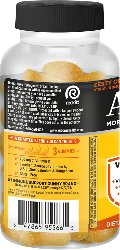 Airborne Immune Support Gummies, Zesty Orange Flavour, 42 ct - 750 mg Vitamin C + Vitamins A, D & E + Zinc, Selenium, and Manganese | with Herbal Blend | Naturally Flavoured