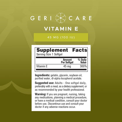 GeriCare High-Potency Vitamin E Capsules – 100 IU for Skin & Immune Support, 45mg | 100 Count