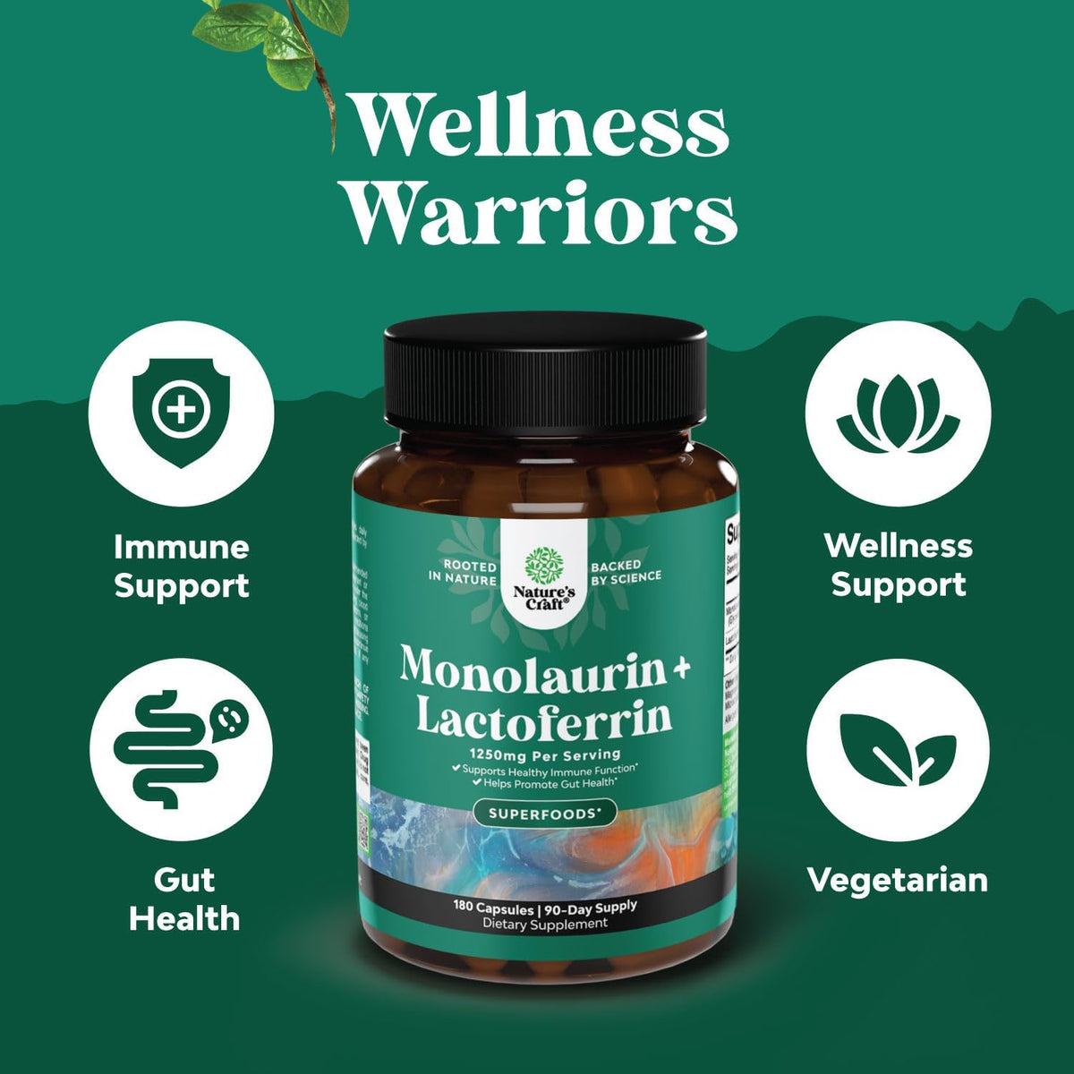 High Strength Lactoferrin & Monolaurin Supplement - 250mg Lactoferrin, 1000mg Monolaurin - 180 Vegetarian Capsules - görsel 3