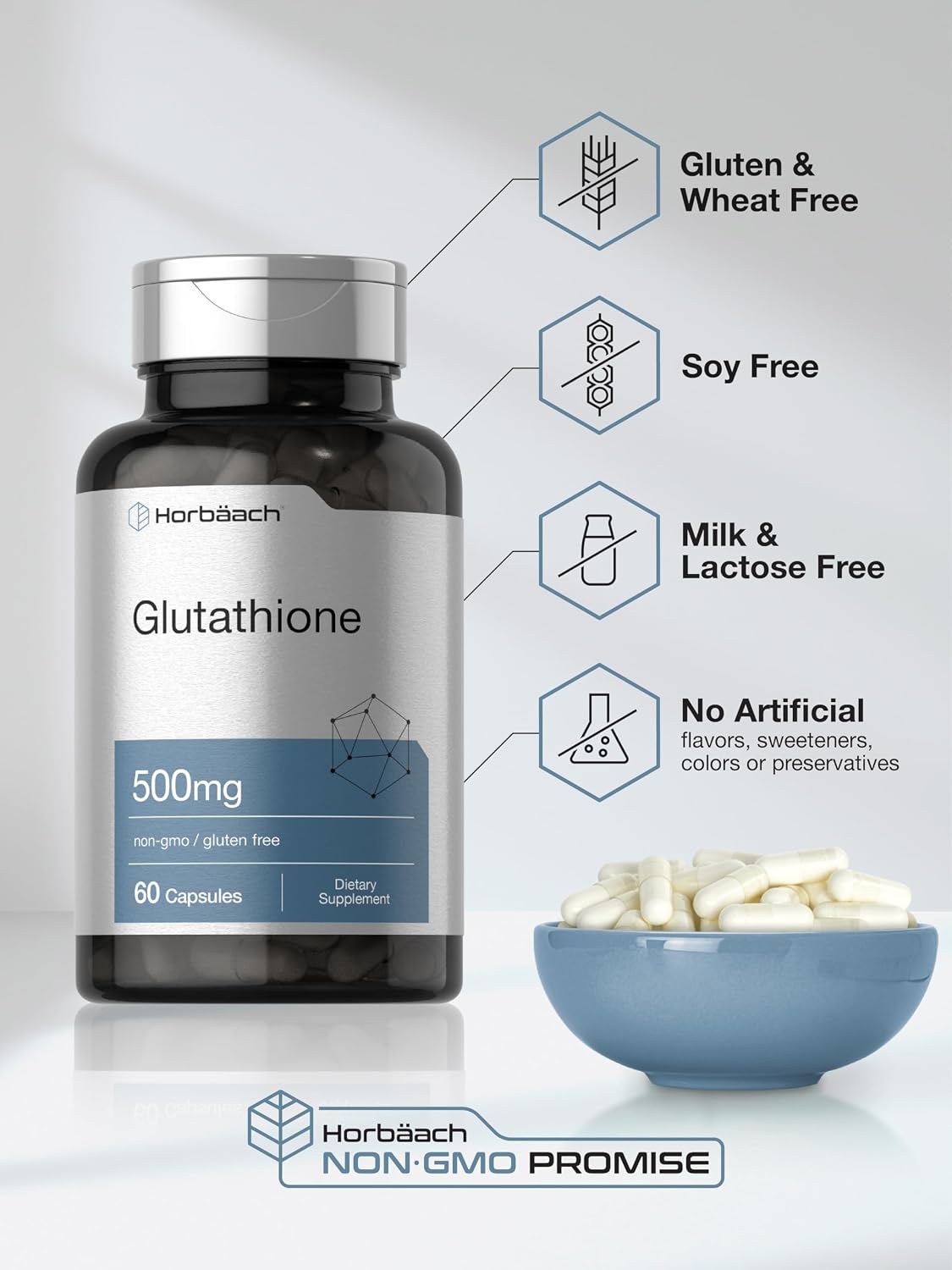 Horbäach Glutathione 500mg | 60 Capsules | Reduced Form | Non-GM & Gluten-free Supplement - görsel 5