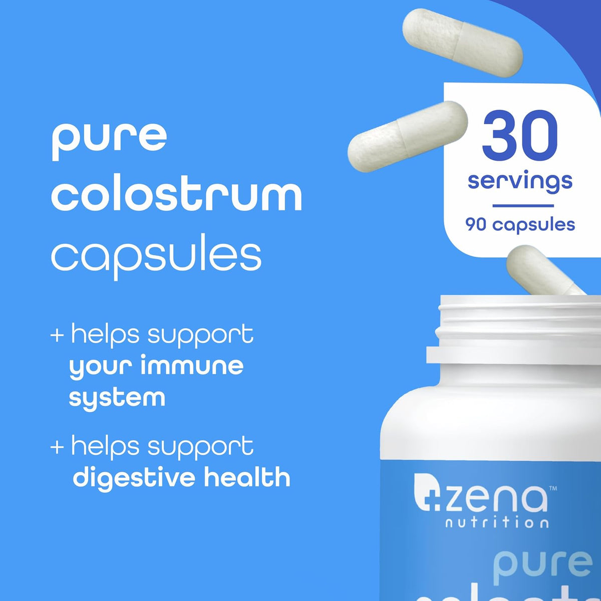 Zena Nutrition Pure Colostrum Capsules, 1500mg Supplement, Grass-Fed Bovine Colostrum, Supports Immune and Digestive Health, Promotes Gut Health, Gluten-free, Fat-Free, 1 Month Supply, 90 Capsules - görsel 2