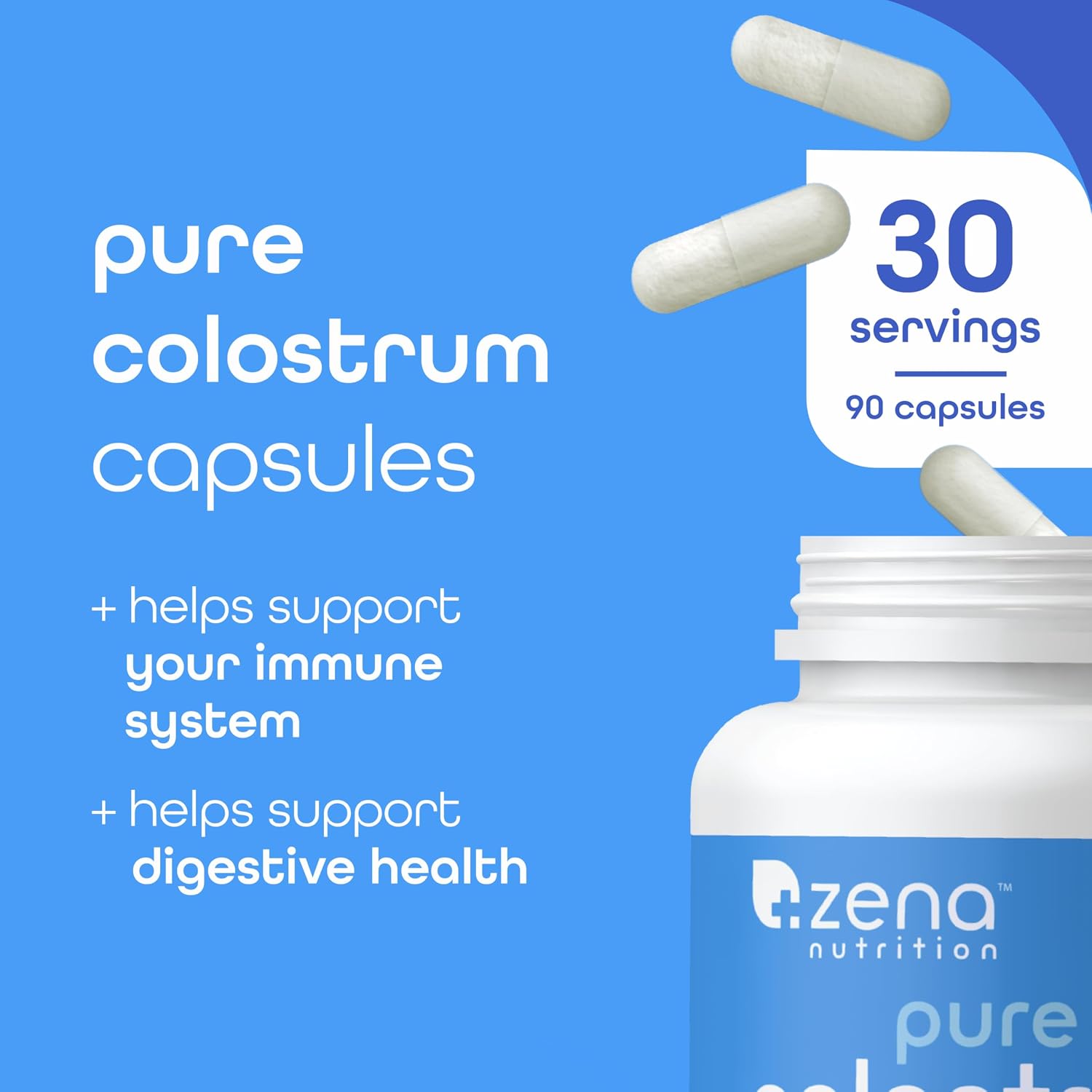Zena Nutrition Pure Colostrum Capsules, 1500mg Supplement, Grass-Fed Bovine Colostrum, Supports Immune and Digestive Health, Promotes Gut Health, Gluten-free, Fat-Free, 1 Month Supply, 90 Capsules - görsel 2