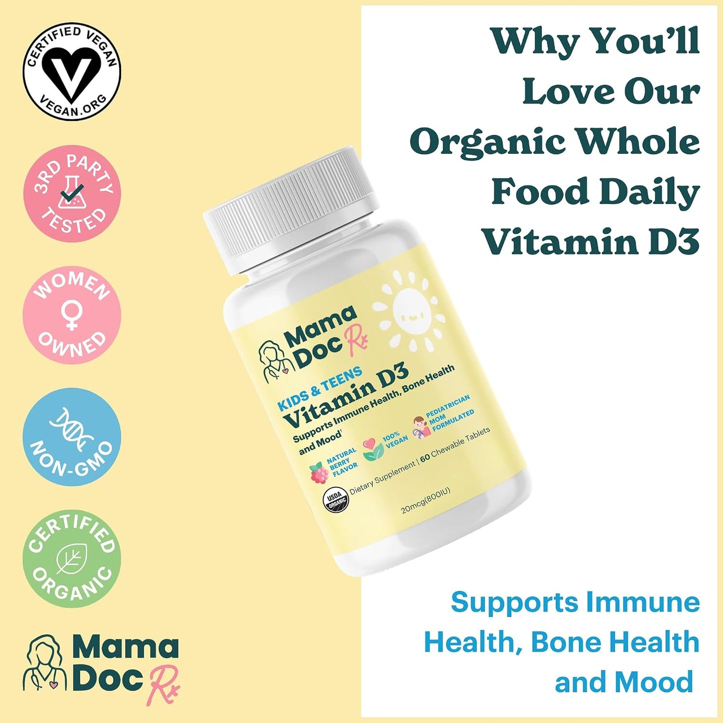MamaDoc Rx Certified Organic Children & Teens Vitamin D3 Chewables - 800 IU - Sugar Free - Vegan - görsel 2