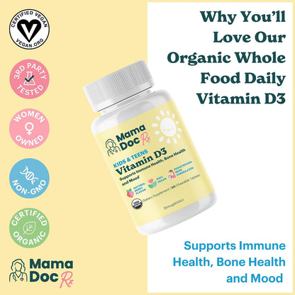 MamaDoc Rx Certified Organic Children & Teens Vitamin D3 Chewables - 800 IU - Sugar Free - Vegan