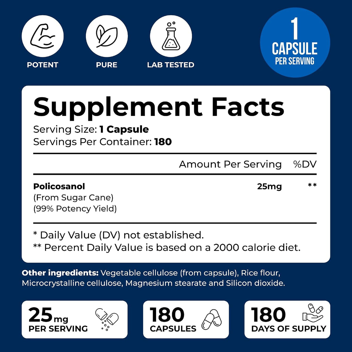Policosanol 25mg - 180 Capsules - Natural Sugar Cane Supplement - Non-GMO & Gluten-Free - görsel 2