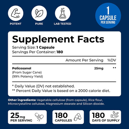 Policosanol 25mg - 180 Capsules - Natural Sugar Cane Supplement - Non-GMO & Gluten-Free