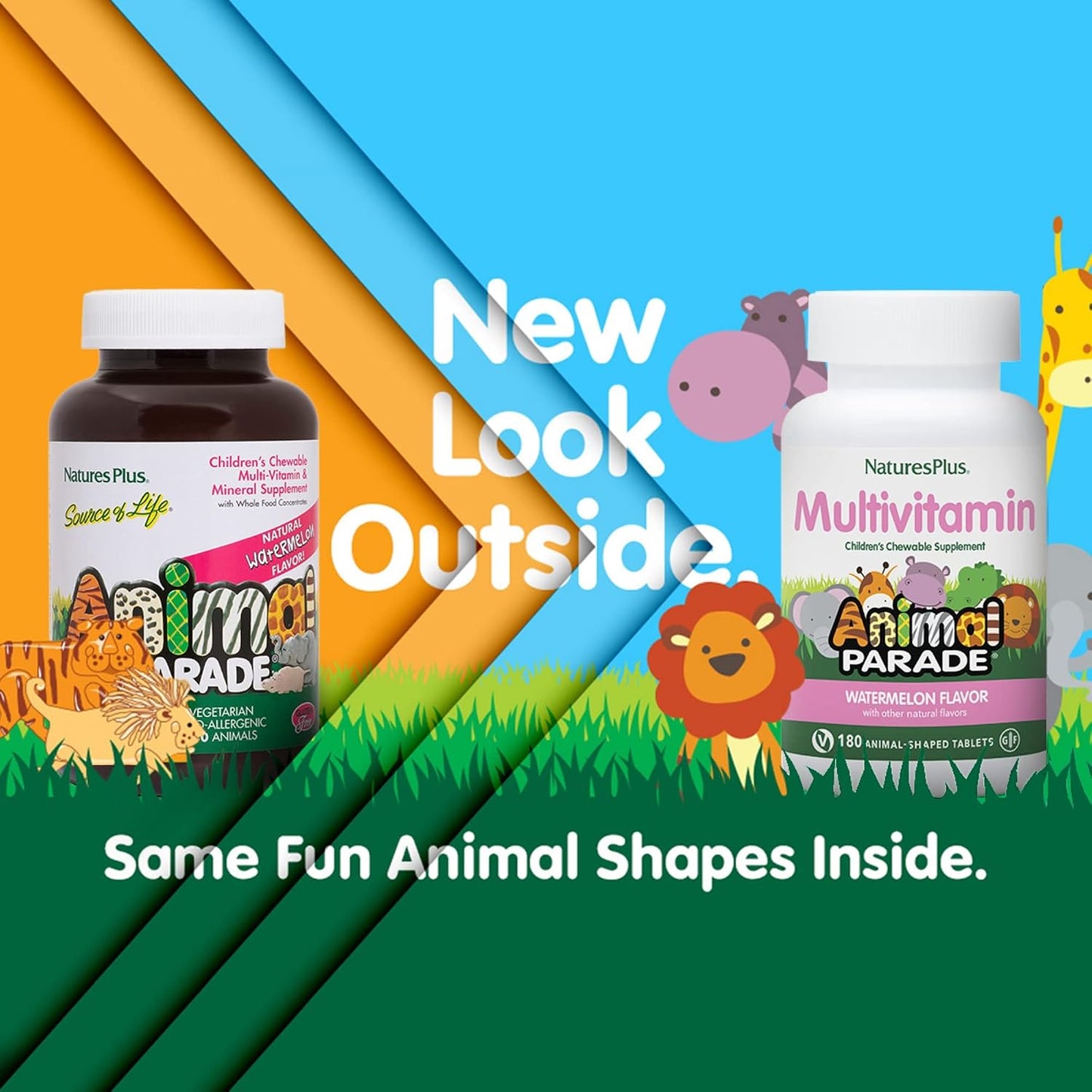 NaturesPlus Animal Parade Children's Chewable Multivitamin, Watermelon Flavour - 180 Tablets - görsel 2