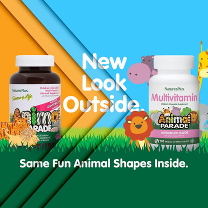 NaturesPlus Animal Parade Children's Chewable Multivitamin, Watermelon Flavour - 180 Tablets