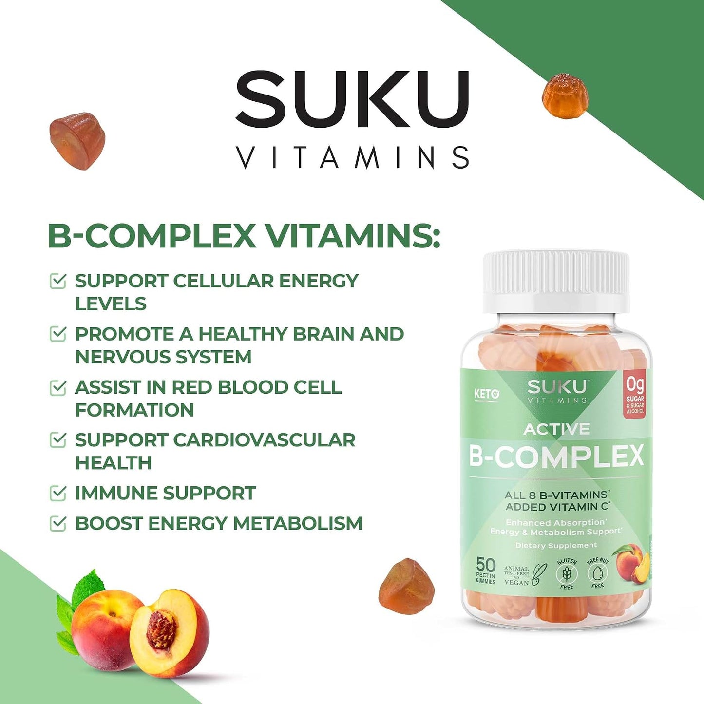 SUKU Vitamin B Complex Gummies with Vitamin C – Sugar Free Vegan 8 B Vitamins, Peach Flavour (50 Gummies) - görsel 7