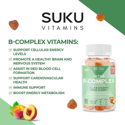 SUKU Vitamin B Complex Gummies with Vitamin C – Sugar Free Vegan 8 B Vitamins, Peach Flavour (50 Gummies)