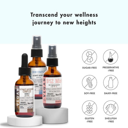 GIVOL Ultimate Vegan Essential Bundle Liquid Spray – Mushroom Complex, Iron Bisglycinate, and Vitamin B12 Methylcobalamin, All Natural, Non-GMO, Gluten-free, Sugar Free (3 x 60 ml, 360 Day Supply)