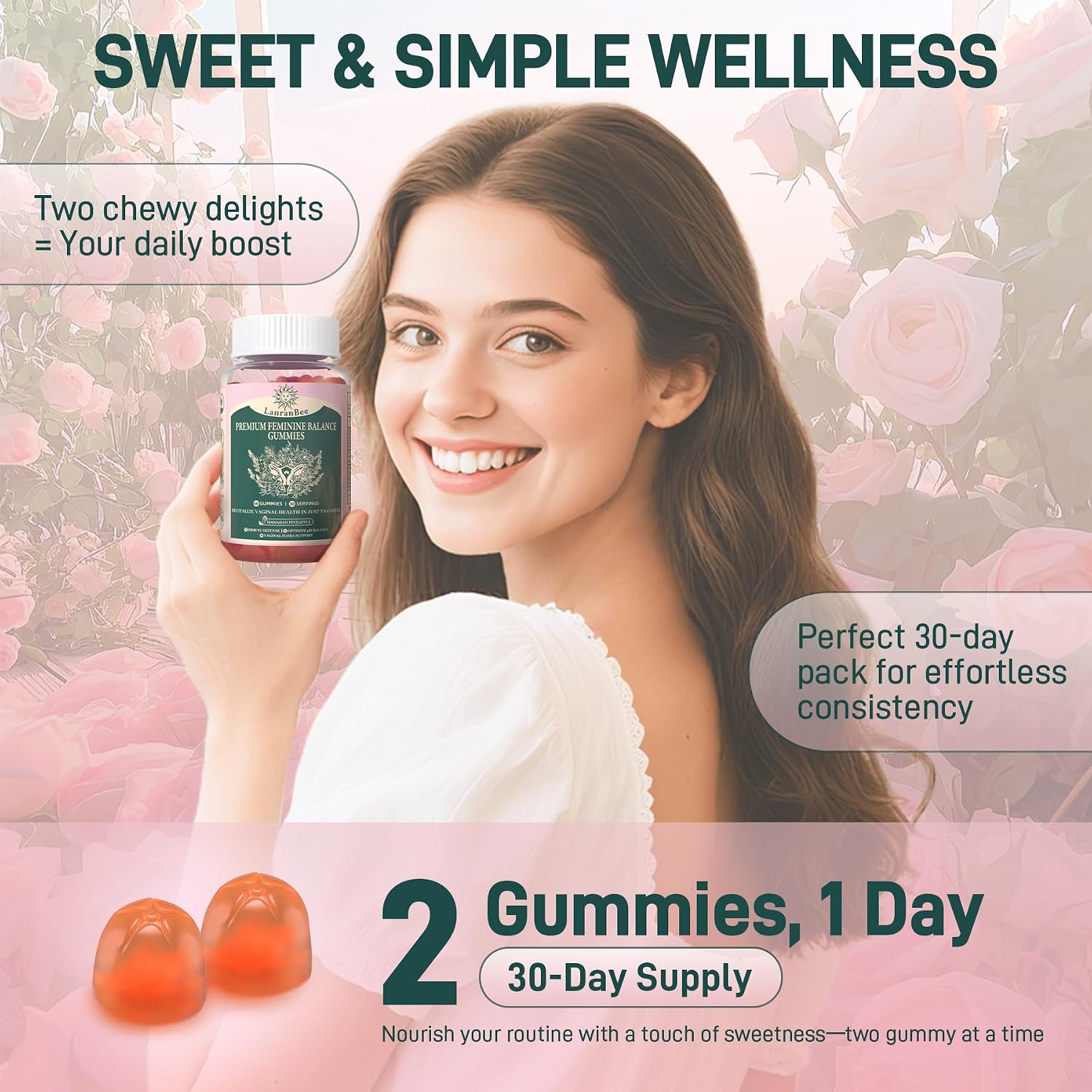 LanranBee Premium Feminine Balance Gummies - Vaginal Probiotic for Women - pH Balance & Immune Support - Hawaiian Pineapple Flavour - 60 Count - görsel 8