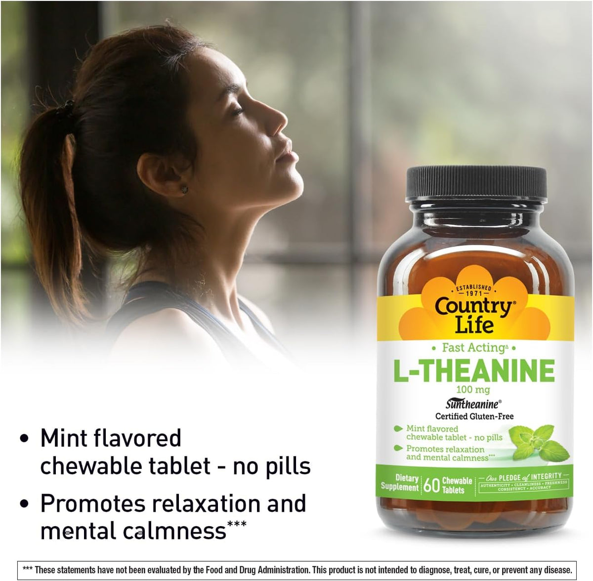 Country Life L-Theanine 100mg Fast-Acting Chewable Tablets, Mint Flavour, 60 Tablets - görsel 2