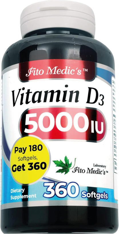 FITO MEDIC'S Vitamin D3 5000 IU - 360 Softgels for Immune and Bone Health Support