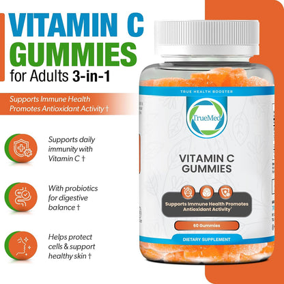 Chewable Vitamin C Gummies for Adults - Vitamin C Chewable 250mg with Zinc and Probiotics for Daily Immune Support - Non-GMO, Gluten-free - 60 Count - Made in the USA