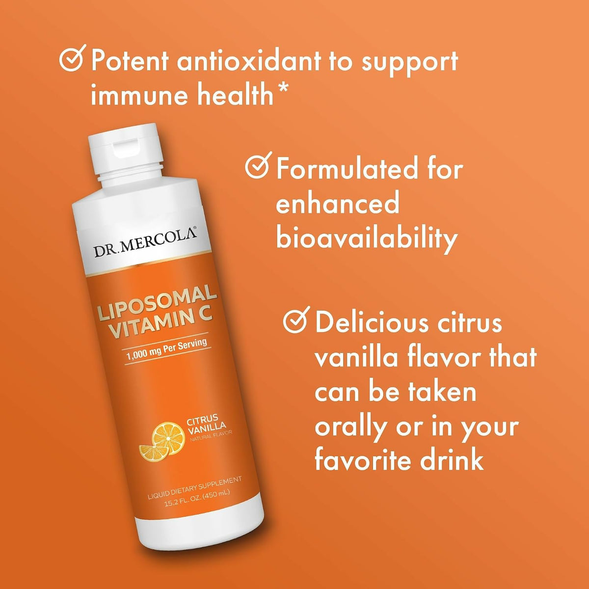 Dr. Mercola Liquid Liposomal Vitamin C - Antioxidant & Immune Support Supplement - Includes Vitamin E - Non-GMO, Gluten-Free & Soya-Free - Citrus Vanilla Flavour - 450 mL (30 Servings) - 3 Pack - görsel 4