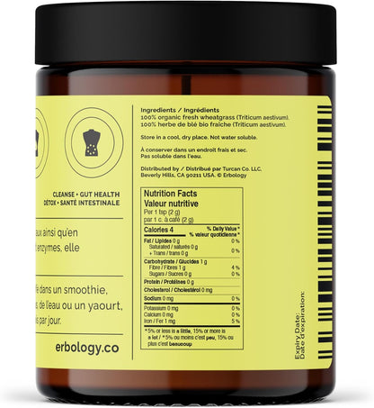 Erbology Organic Wheatgrass Powder – Body Cleansing & Gut Health Support, 91 g (45 Servings)