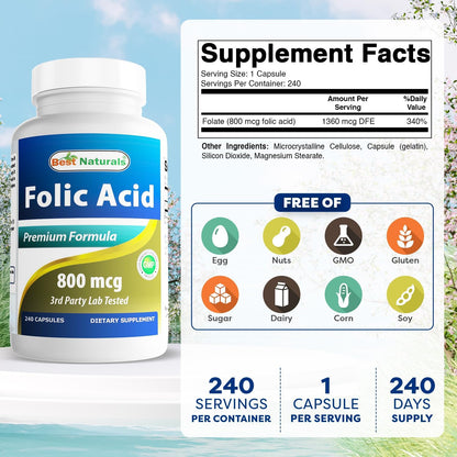 Best Naturals Folic Acid 800 mcg, 240 – Optimal Dosage: Each capsule delivers 800 mcg of folic acid, a dosage that – Image 2