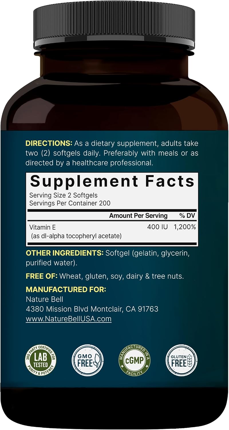 NatureBell Vitamin E Oil Softgels, 400 IU per Serving, 400 Capsules | Essential Antioxidant Supplement, Easily Absorbed Form – Contributes to Normal Immune Function & Skin Health – Non-GMO - görsel 7